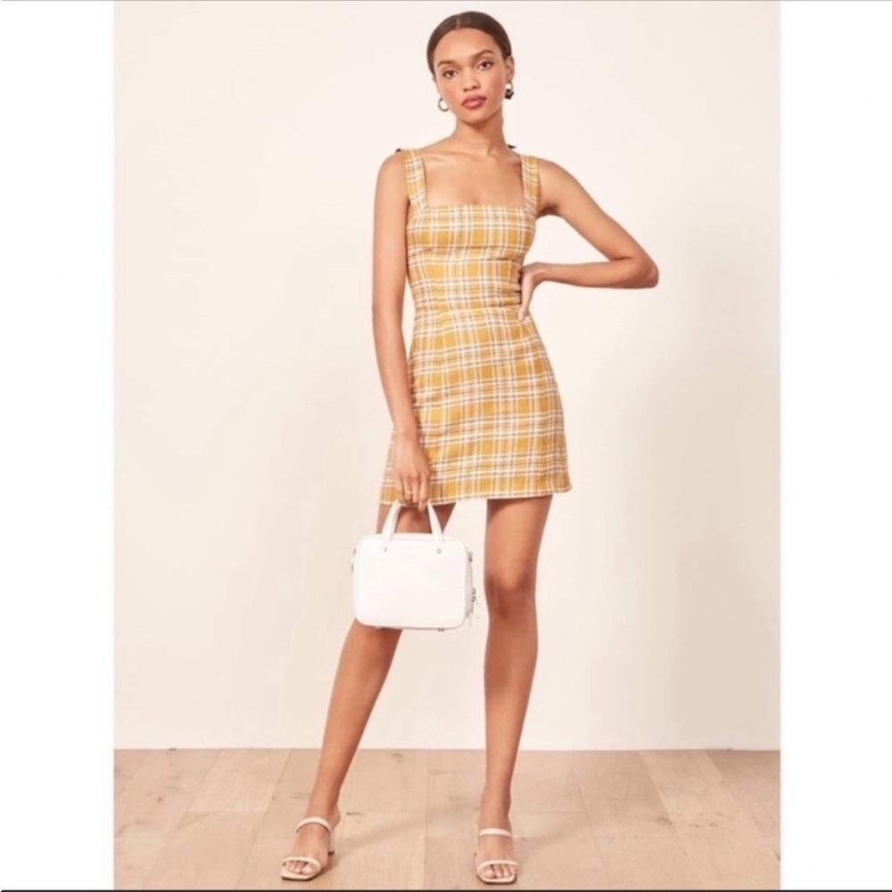 Reformation Brigitte Linen Yellow Plaid Mini Dress